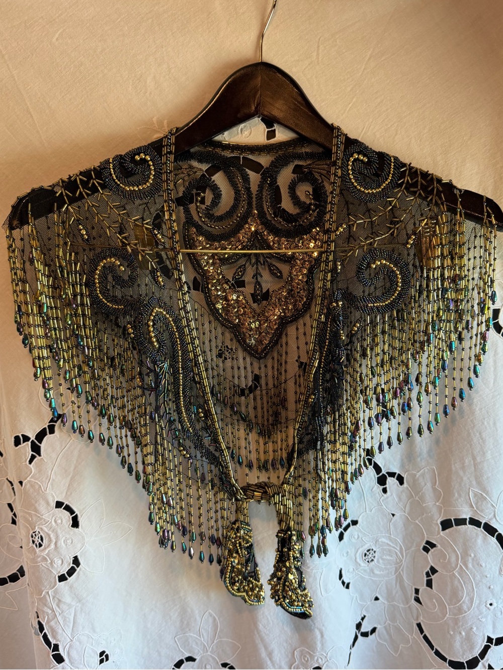 Elegance Hand Beaded Black Gold Capelet Shawl Art Deco Fringe Boho Statement Top